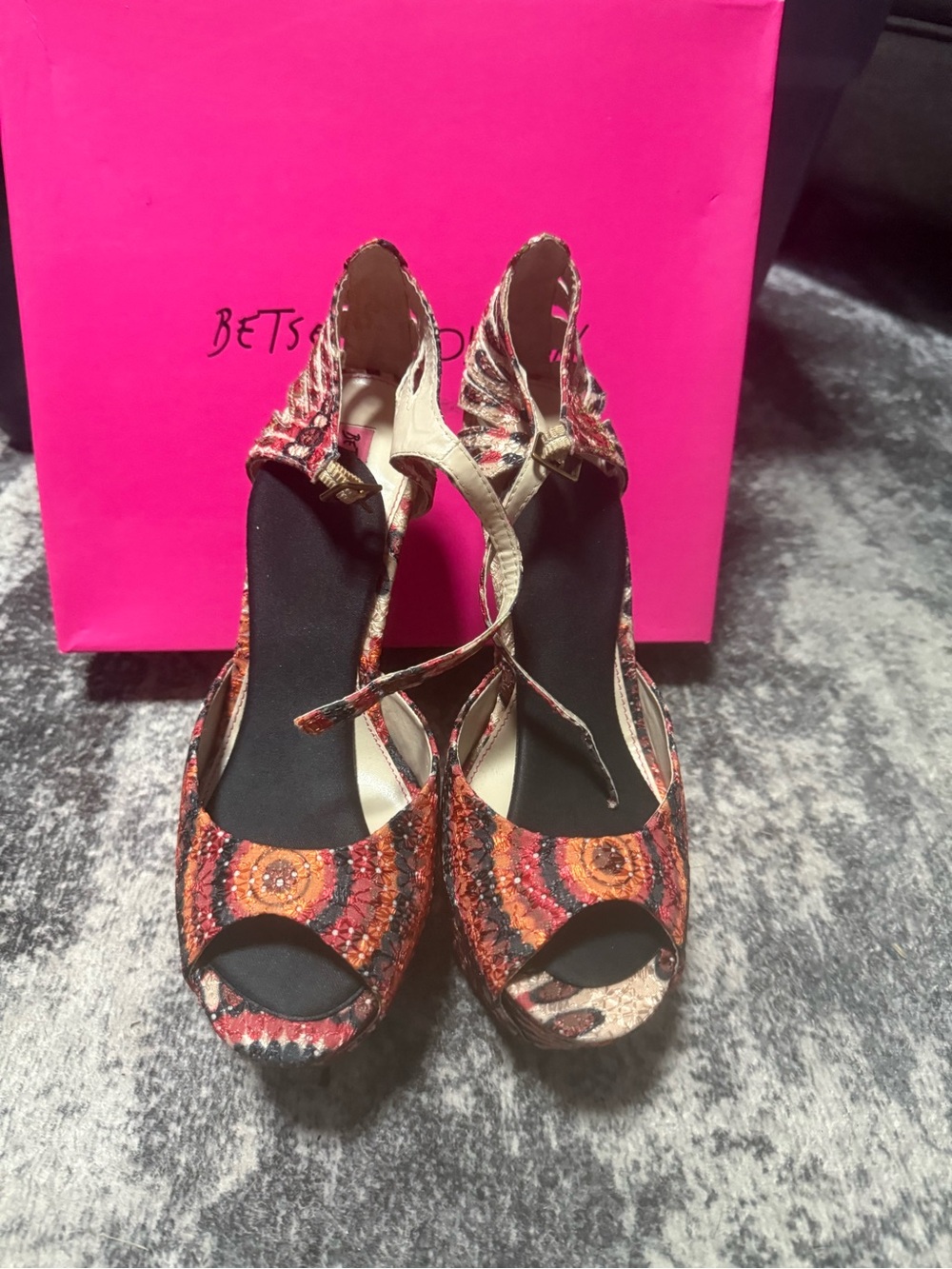 Betsey Johnson Red Orange Patterned Peep-Toe Wedge Sandals